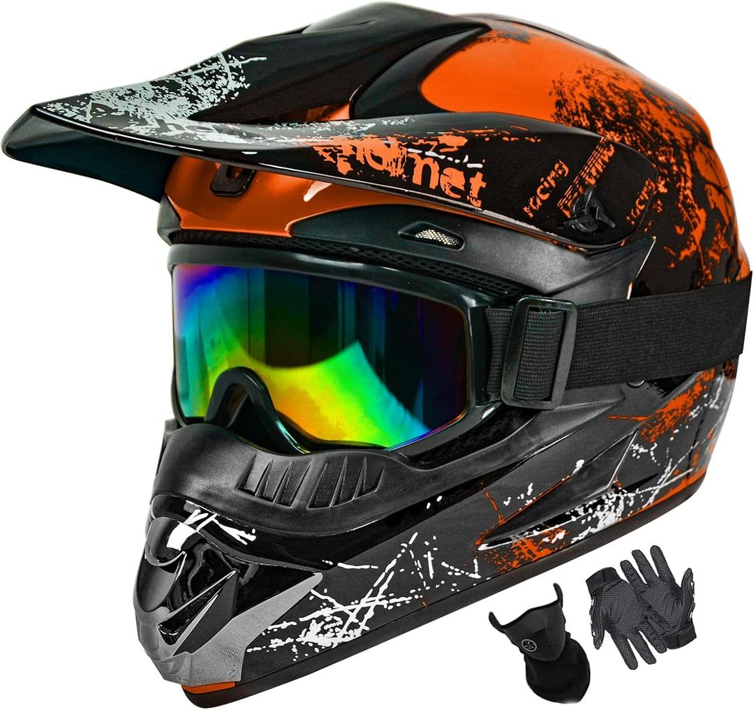 Dirt Bike Helmets Youth Motocross, Motorcycle, BMX, ATV, Off-Road, Four Wheeler, Adult Moutain Bike Helmets Dot Approved (Goggles Gloves Faceshield) (Orange, X-Large)