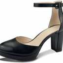 Chunky Closed Toe Heels for Women, Women's Platform Chunky Heels Closed Toe Block Ankle Strap Dress Buckle Round Toe Wedding Party Comfortable Pumps Shoes