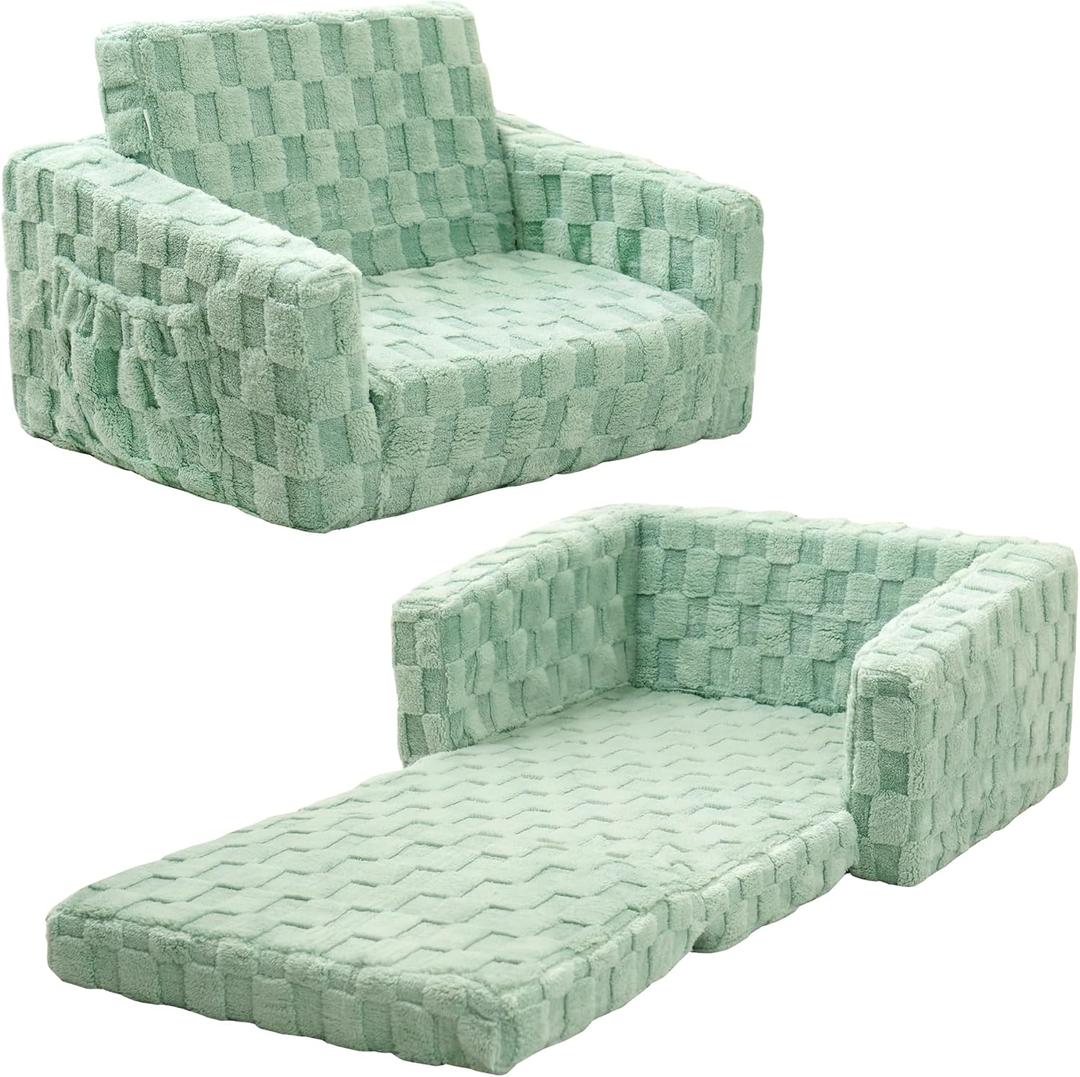Kids Sofa, Toddler Chair, 2-in-1 Flannel Kids Fold Out Couch, Toddler Convertible Sofa to Lounger, Flip Open Toddler Couch for Kids (White) (Small, Green)