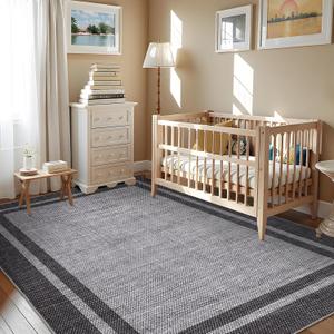 Large Area Rug 9x12 Modern Bordered Rug Non Slip, Washable & Foldable, Minimalist Neutral Carpet, Low Pile Thin Foldable Printed Mat, Soft Non Shedding Floor Cover for Office, Black