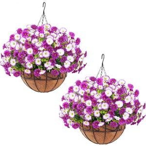 Elyum 2 Pack Artificial Hanging Flowers for Outdoors, Fake Flowers Artificial Petunias Hanging Baskets for Outdoors, UV Resistant Fake Hanging Plants Flowers for Outside Garden Patio Porch Decor