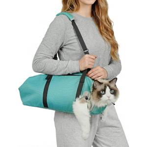 Pawfun Cat Carrier Pouch, Soft Cat Grooming Restraint Bag for Vet Visits, Nail Trimming & Medication, Comfortable Cats Carry Bag with Bottom Support for Car Travel, Green, XS