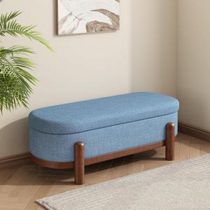 Christopher Knight Home Daggy Upholstered Ottoman with Storage for Living Room, Fabric Modern Storage Ottoman Foot Rest, Bedroom Oval End of Bed Bench with Wooden Frame, Blue+Brown