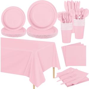 169 Pieces Light Pink Party Supplies Disposable Dinnerware Set Include Plates and Cups Napkins Plastic Forks Knives Spoons Tablecloth for Wedding Birthday Party Decorations, Serve 24 Guests