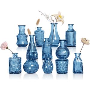 Blue Glass Vase Set of 12, Clear Bud Vase in Bulk, Small Flower Vases for Centerpieces, Mini Vases for Flowers, Vintage Decorative Embossed Vase for Home Decor, Wedding Table Decoration, Gift