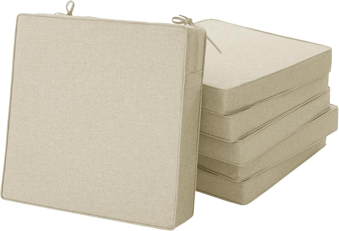 Outdoor Chair Cushions, Water-Resistant & Fade-Resistant, Patio Furniture Square Seat Replacement Chair Pads with Ties Zipper, Removable Cover, Non-Slip Bottom, Set of 6, 19 x 19 Inch, Beige