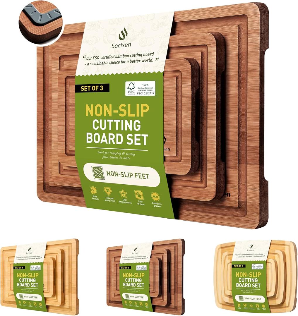 3 Packs Bamboo Cutting Board Set with Non Slip Feet and Over Sink Nice Solid Thick Wood Juice Groove Chopping Board Extra Large Big Small Best Hardwood Kitchen Counter Organic Vegetable (Brown)