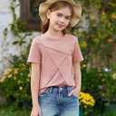 Haloumoning Girls Short Sleeve T Shirts Kids Summer Fashion Pleated Crewneck Tops Tees 5-14 Years (Pink)
