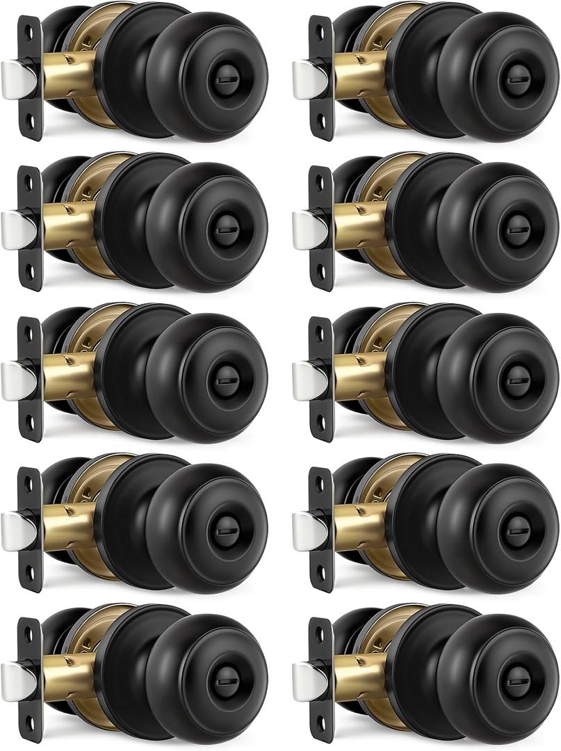Black Door Knobs, 10 Pack Privacy Door Knobs Interior Door Knob for Bedroom/Bathroom Keyless Doorknobs Interior/Exterior Lockset, Black Modern Design Door Hardware