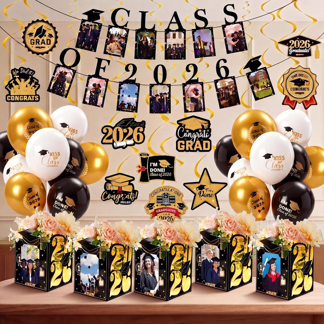 Hahafelt 42 Pcs Graduation Black and Gold Decorations, 6 Light up Picture Decorative Boxes 2 Class of 2026 Photo Banner 18 Balloons 10 Hanging Swirls 2026 Grad Party Supplies for High School College