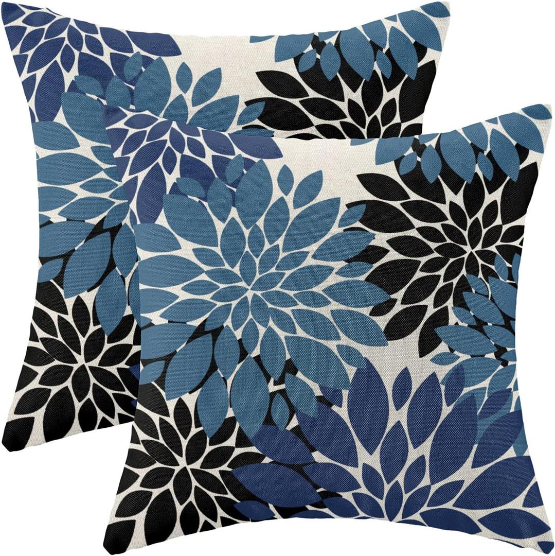 CXMEIFLY Navy Blue Black Pillow Covers 18x18 Inch Set of 2 Dahlia Floral Decor Throw Pillows Summer Modern Geometry Flower Outdoor Decorative Cushion Cases for Sofa Couch Bed Decoration