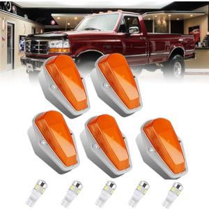 5pcs Cab Marker Roof Running Light Amber Cover Lens With T10 White LED Bulbs Replacement For 1973-1997 Ford F-150 F-250 F-350 F Series Pickup Super Duty Trucks