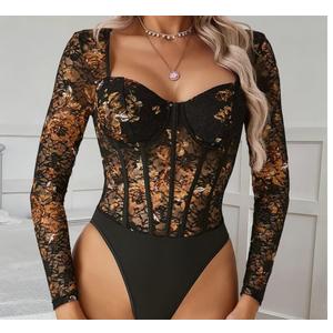 Women's Vintage Autumn Floral Lace Mesh Bodysuit | Sexy Boned Slimming Push-Up Versatile Shapewear Top, XS