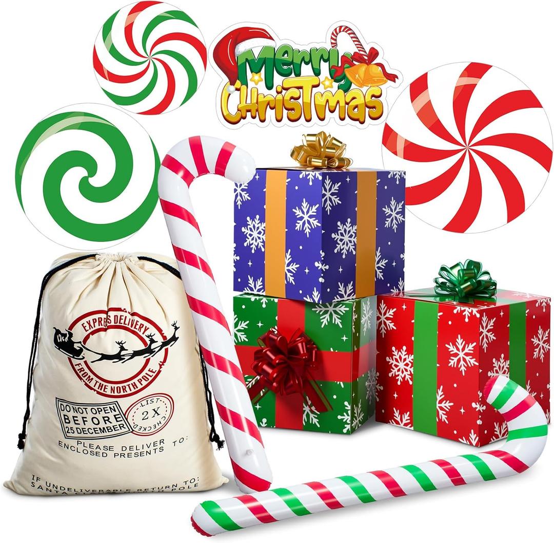 10 Pcs Christmas Gift Boxes Decoration, Christmas Photo Booth Props Gift Box with Ribbons Large Candy Cane Balloon for Xmas Party Decorations Home Xmas Box Decorations