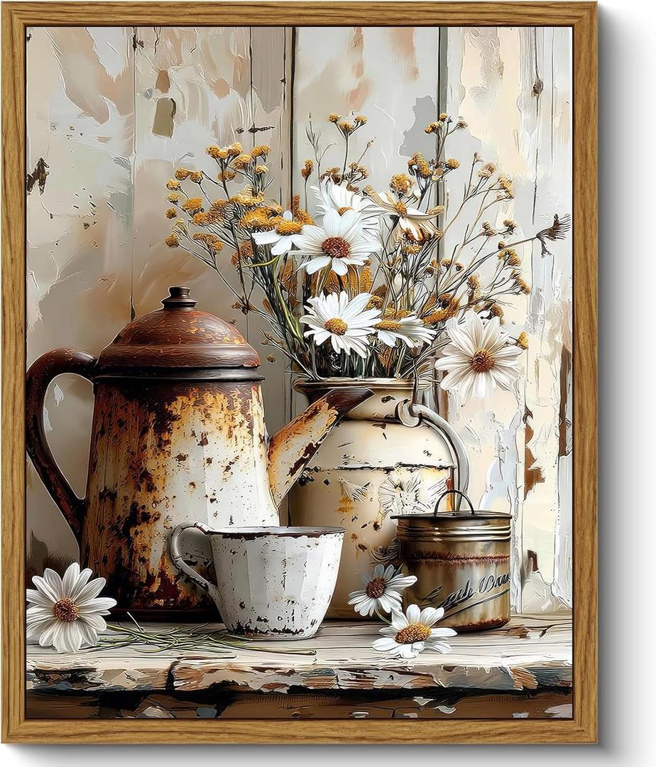 Qenundme Framed Rustic Farmhouse Floral Canvas Wall Art Florals in Rusty Cans Print Posters Vintage Country Flower Still Life Pictures Paintings Prints for Bathroom Bedroom Living room Decor 12X16in (16L" x 12W", Daisy)