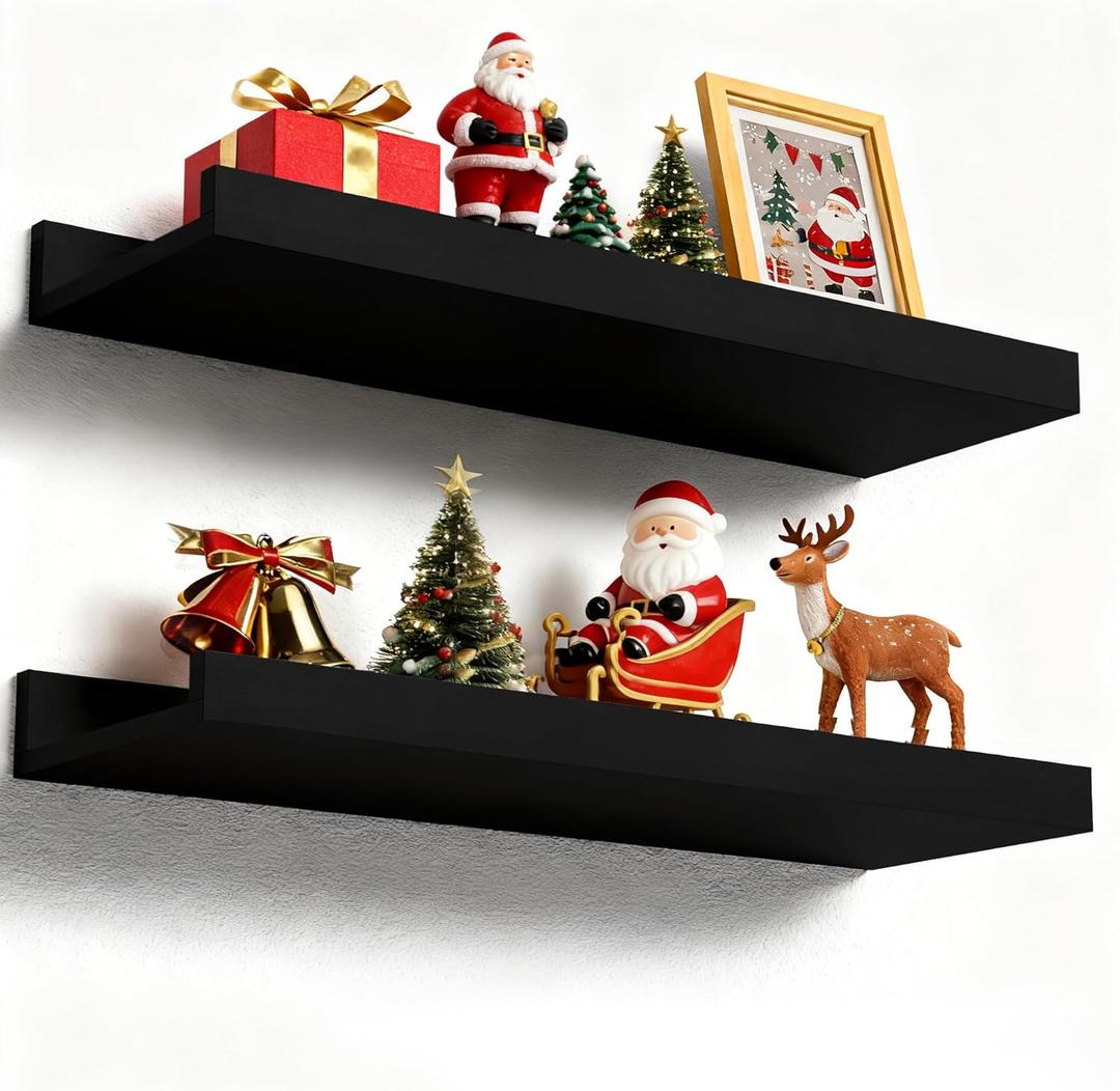 Floating Shelves Wall Mounted Set of 2, Modern Black Wall Shelves for Storage with Lip, Display Picture Ledge Shelf for Wall Decor Bedroom Living Room Bathroom Kitchen (15.7 In)
