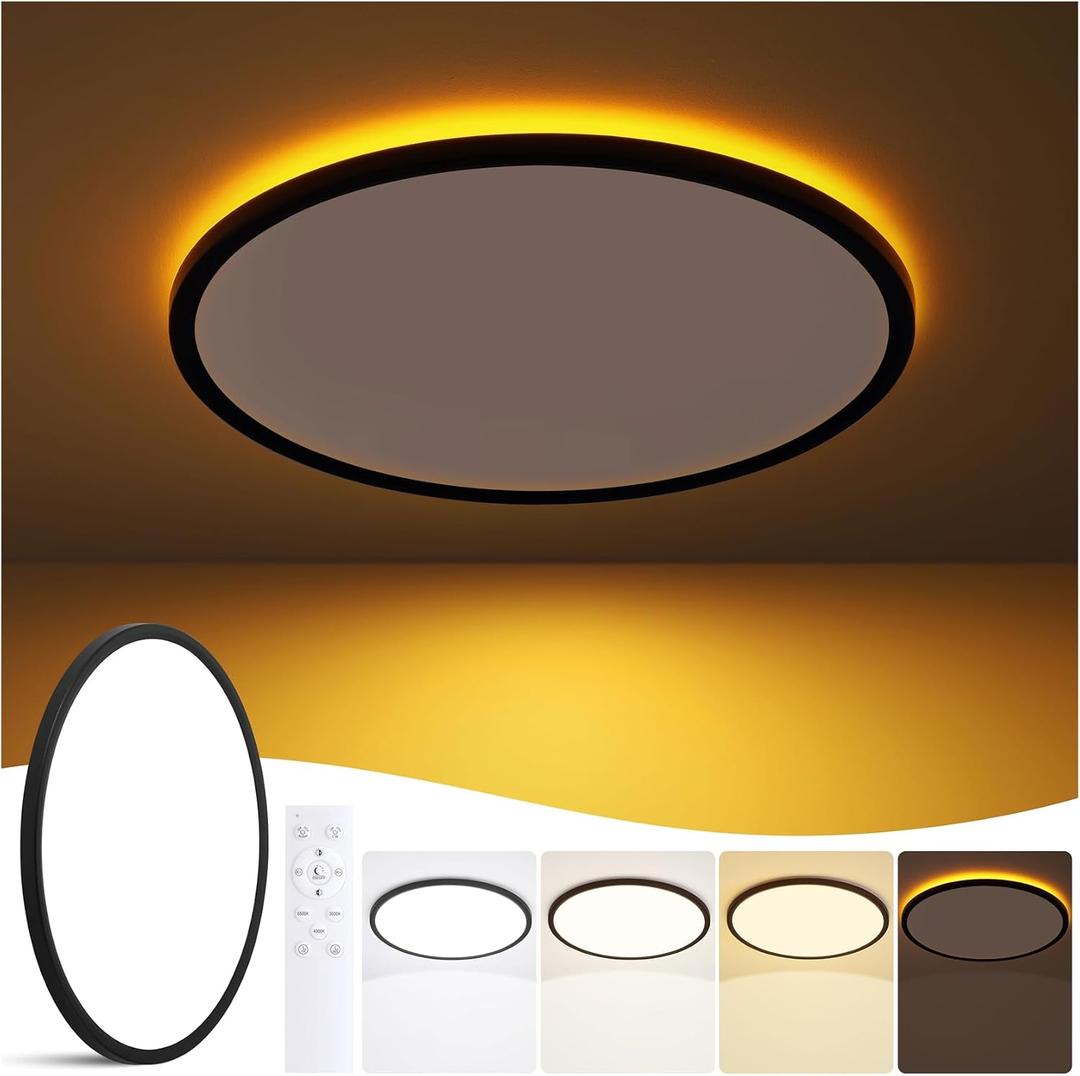 11 Inch Flush Mount Ceiling Light with Night Light, 24W 2400LM, Dimmable LED Ceiling Lights Fixture with Remote Control, 3000K/4000K/6500K Selectable, Slim Bright Bedroom Light Fixture, Round Black