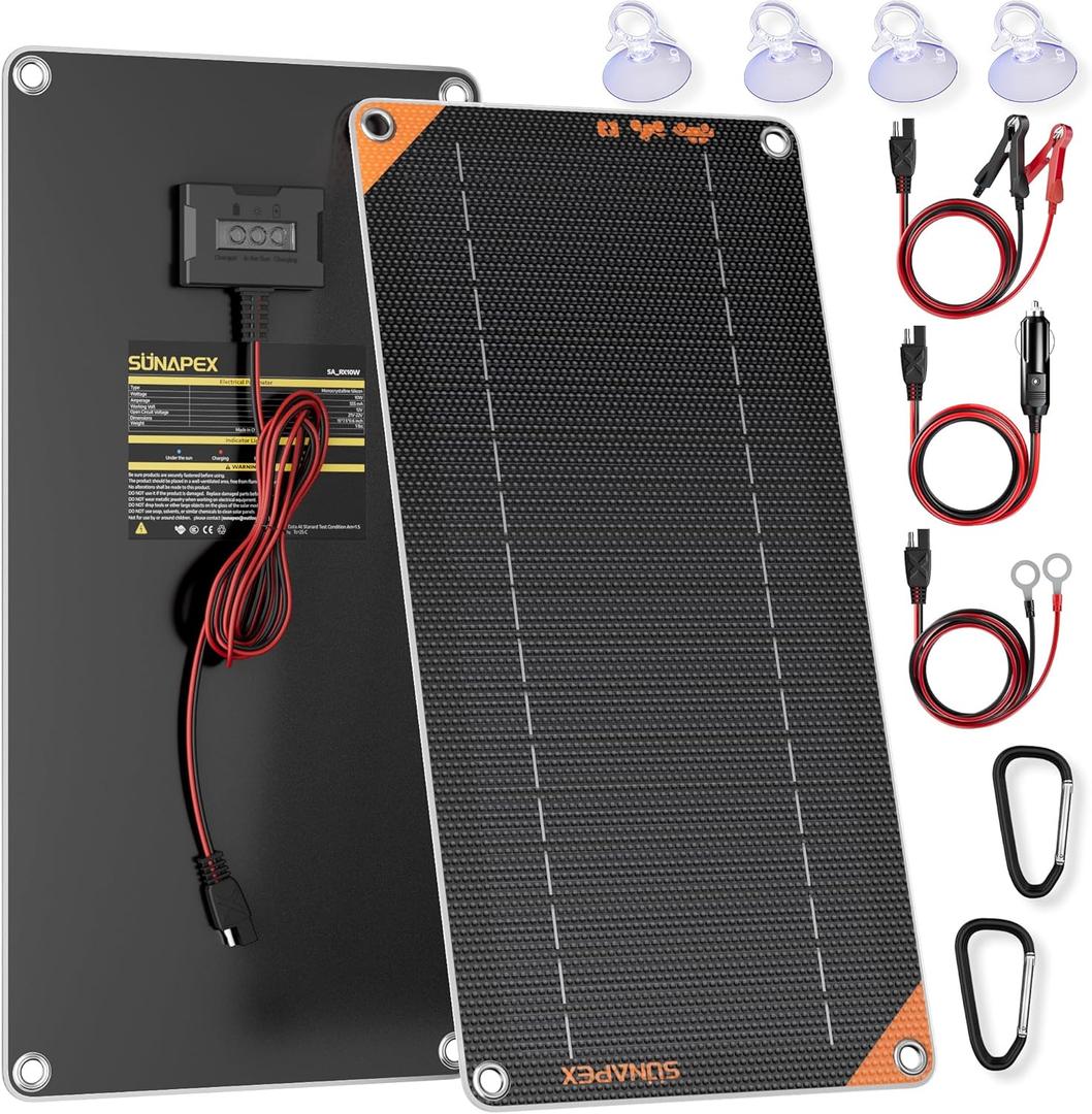 SUNAPEX 12V 10 Watt Solar Trickle Charger Maintainer - Waterproof Solar Powered Battery Charger - Solar Panel Kit Built-in Smart Charge Controller for Car Rv Trailer Truck Boat Automotive Marine