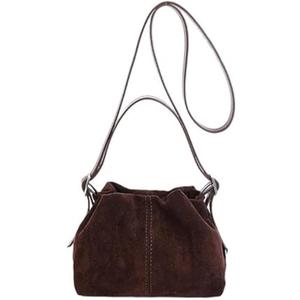 Women Vintage Suede Handbags Tote Handbag Drawstring Bucket Bag Slouchy Crossbody Shoulder Bag Satchel Everyday Purse (Brown)