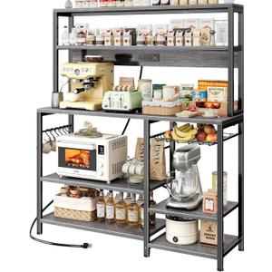 SUPERJARE Bakers Rack with Power Outlet, 47.2 Inches Coffee Bar with 3 Level-Adjustable Open Shelves, Wire Basket, Kitchen Microwave Stand with 6 S-Shaped Hooks, Grey (Charcoal Gray)