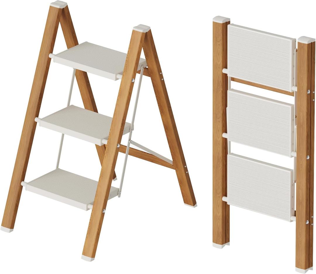Mayi Plus 3 Step Lightweight Aluminum Folding Ladder, Portable Step Stool with Wide Anti-Slip Pedals, 330 lbs Capacity for Home,Cleaning TasksWhite&Woodgrain