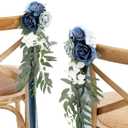 Ling's Moment 8pcs Wedding Artificial Aisle Pew Flowers Chair Decorations Arrangements with Chiffon Ribbons Dusty Blue & Navy for Ceremony Chair Back Floral Decor Reception Church Party Outdoor