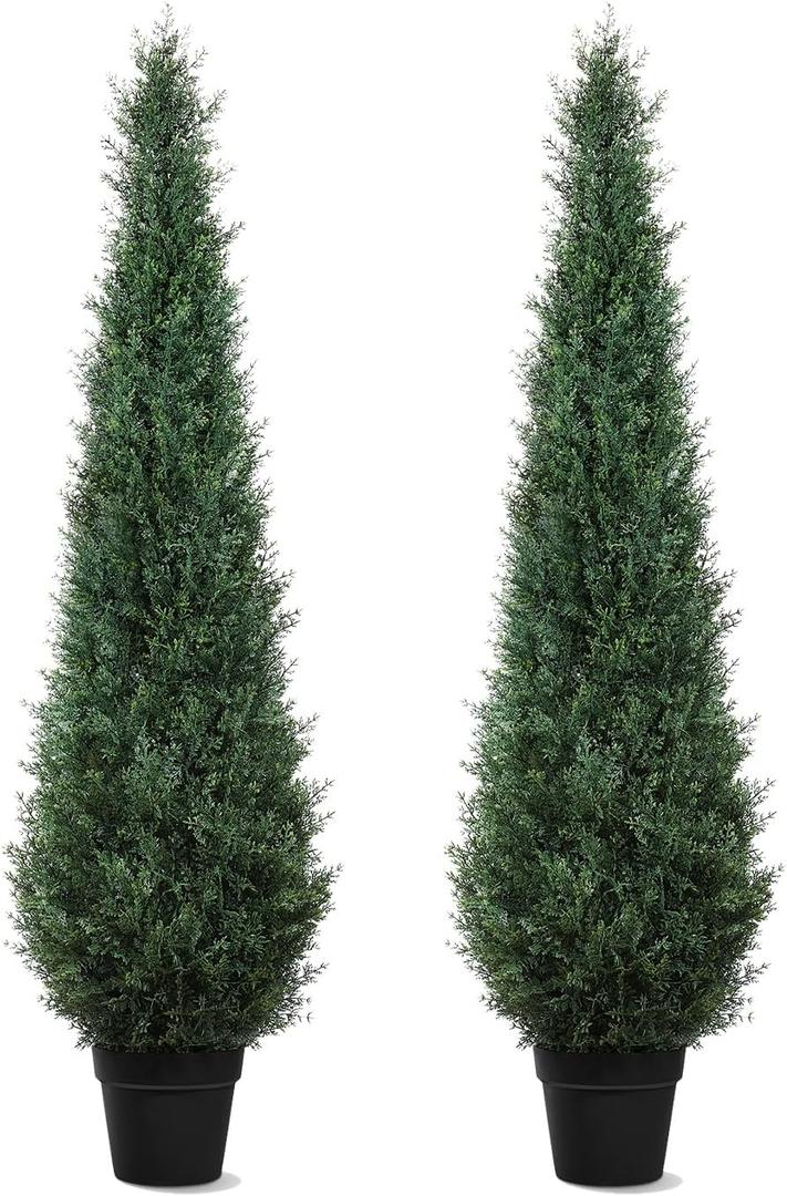 Artificial Trees for Outdoors, BUZIGUBY Artificial Cedar Topiary Trees, 5FT Topiary Trees Artificial Outdoors for Porch, Dense Arborvitae Tree for Front Door Patio Deck Balcony Yard Decor, 2 Pack