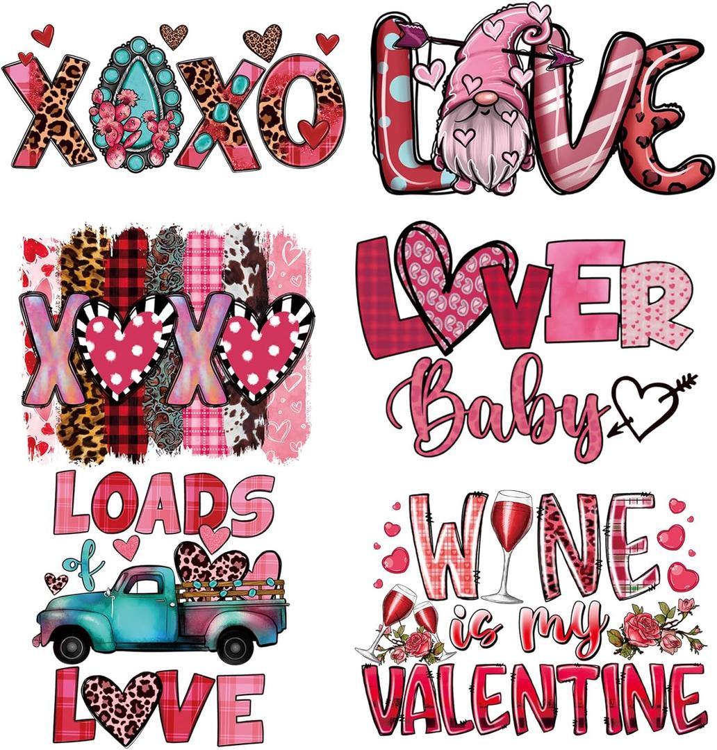 2 x 6Pcs Valentines Day Iron On Transfers - Valentine's Day Heat Transfer Vinyl for Clothes Pillow Hoodie Apron - Leopard Love Heart Design for Valentines Shirts for Women - DIY Craft Supplies