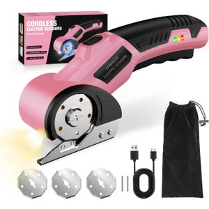 Cordless Electric Scissors: 4V Rechargeable Cardboard Cutter, 3 Blades, Safety Lock & LED Light, Box Cutter for Carton Carpet Plastic Fabric Leather (Pink)