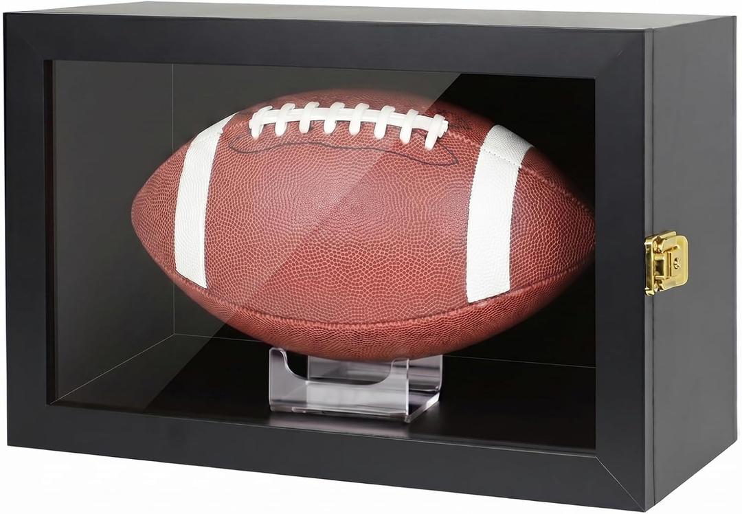 Football Display Case Wall Mount Lockable Clear View Full Size Anti Fade UV Protective Acrylic Door Wooden Signed Memorabilia Football Box Shelf Holder-Single Ball