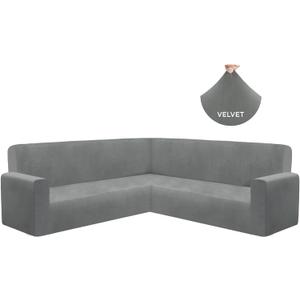 HDCAXKJ Velvet L Shaped Sectional Couch Covers Soft Stretch Sofa Slipcovers U Shaped Furniture Protector for Pets Fits Well Non-Slip Universal Corner Sofa Cover for Living Room (Gray, Large) (Grey)