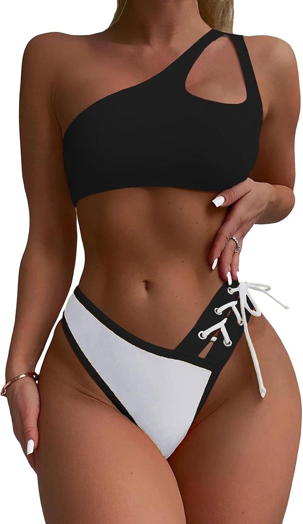YELAIVP Women's Bikini Sets One Shoulder High Waisted Two Piece Swimsuit Lace Up High Cut Bathing Suit (Black, S)