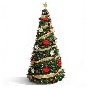 6ft Pre Lit Pop Up Christmas Tree with 150 Lights, Collapsible Artificial Christmas Tree with Ornaments, Pre-Decorated Pencil Xmas Tree Holiday Party Supplies for Apartment Home Decorations Indoor
