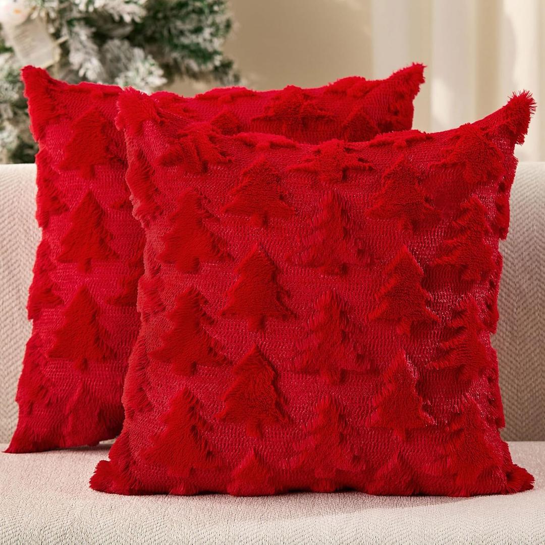 DFXSZ Christmas Pillow Covers 18x18 inch Set of 2 Red Christmas Tree Decoration Soft Plush Faux Fur Jacquard Throw Pillows for Bedroom Sofa Holiday Festivals Winter Home Decor PTK070B18
