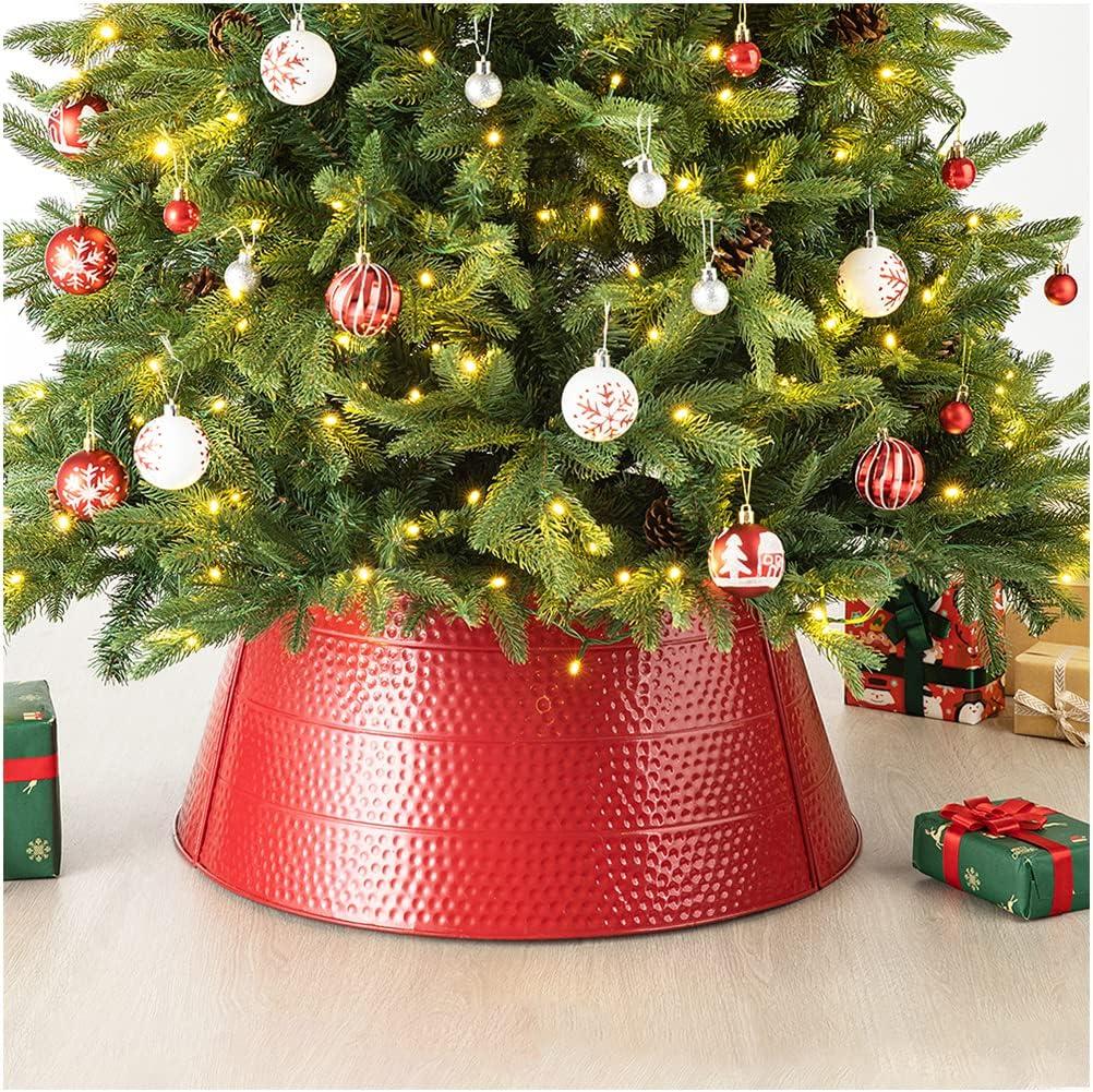 Glitzhome 26" D Red Hammered Metal Tree Collar Tree Base Cover Decorative Christmas Tree Ring for Christmas Decoration, Large