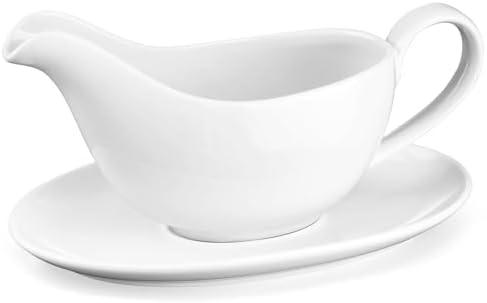 Yedio 12 oz Gravy Boat with Saucer, Large White Ceramic Gravy Boat, Boat and Tray for Turkey Beef Sauce, Salad Dressing, Creamer, Milk, Broth,Microwave and Dishwasher Safe