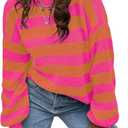 Allimy Women's Crewneck Color Clock Striped Cable Knit Sweaters for Women Fashion Trendy 2025 Lightweight Fall Outfits (Orange), Small