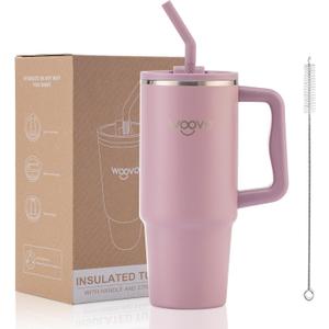 30 oz Tumbler with Handle and Straw, BPA Free Travel Mug with Handle and Splash-Proof Lid, Double wall Stainless Steel Insulated Cup with Handle, Mauve
