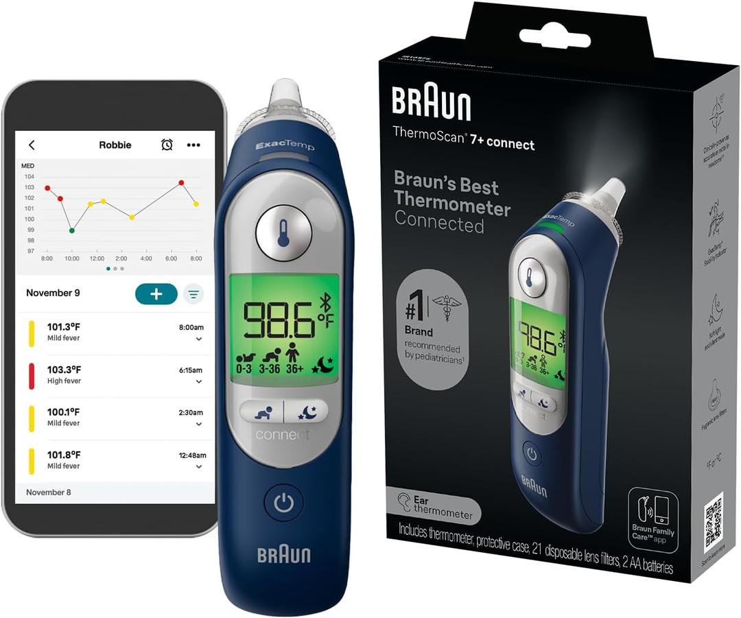 Braun ThermoScan 7+ Connect Digital Ear Thermometer - Family Care App Compatible, Age Precision Technology, Color-Coded Display, No. 1 Brand Recommended by Pediatricians, FSA and HSA Eligible (Black/Blue/Grey)
