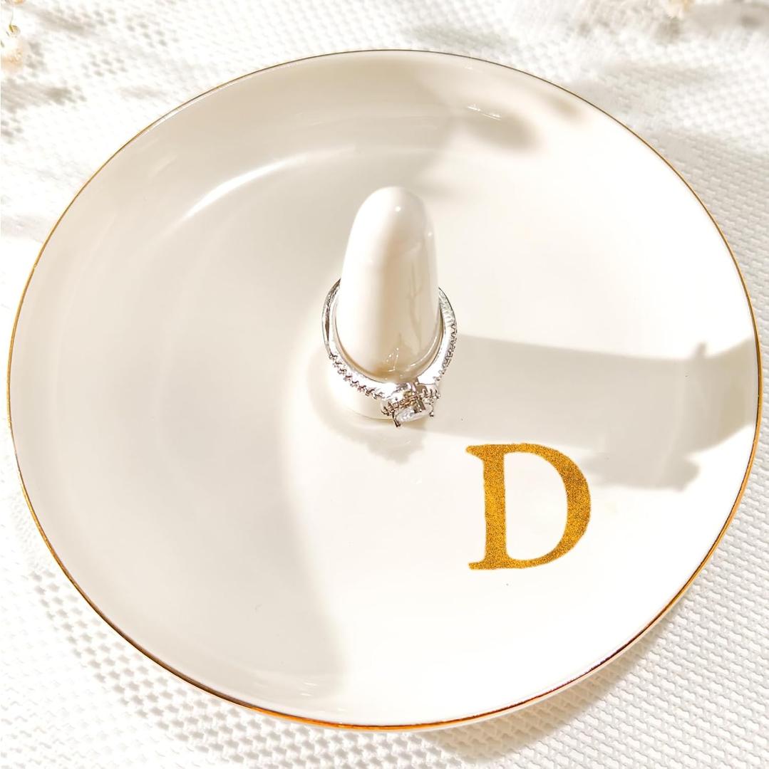 Ceramic Initials Jewelry Tray Ring Dish With Personalized D-Monogrammed Engagement Wedding Gifts, for Birthday Mother's Day for Women, Ceramic White 4.7" x2.4"