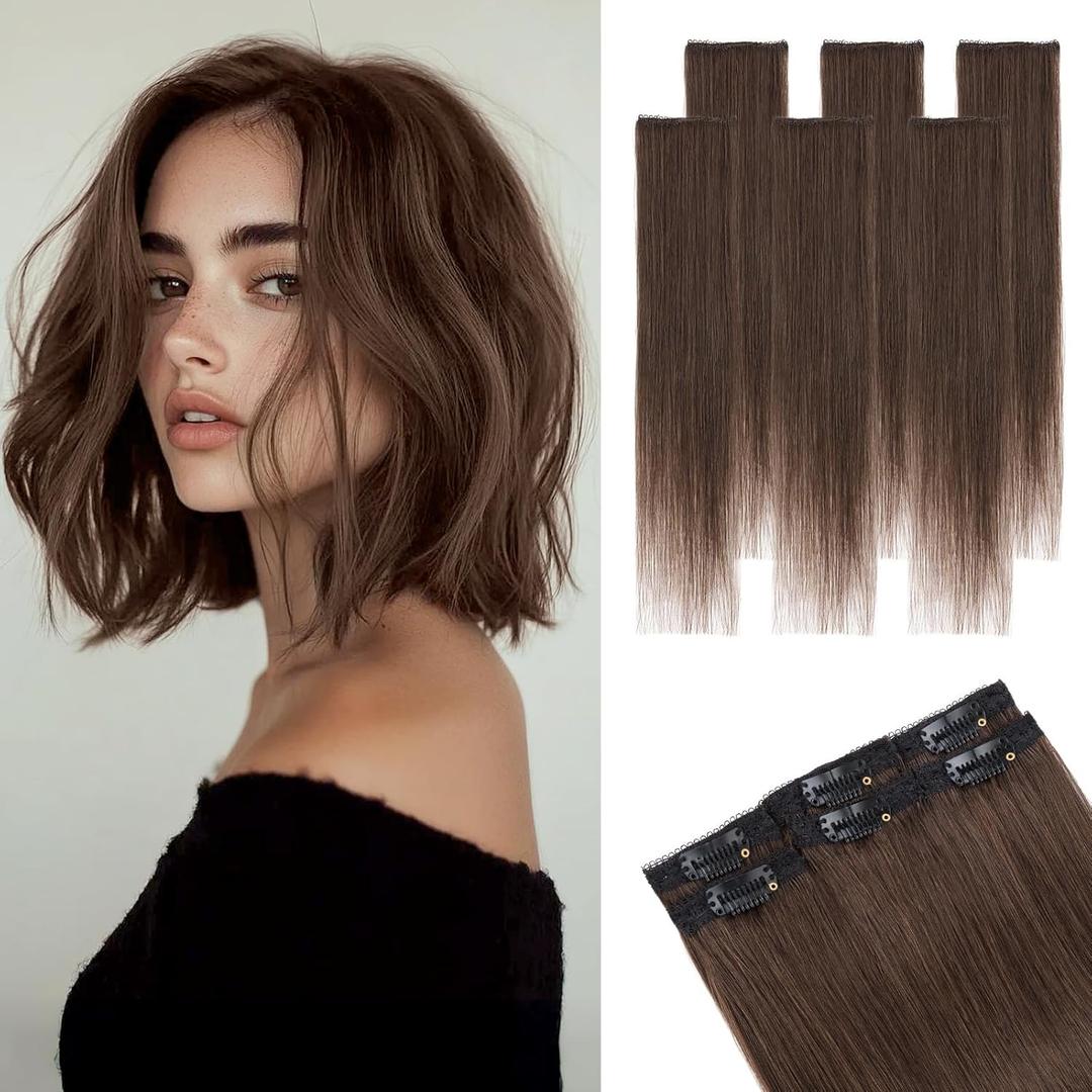 Clip in Short Hair Extensions Real Human Hair,Prokyvity Short Hair Extensions Clip ins,Mini Hairpieces for Volume & Highlights,Seamless & Invisible Design,6 Pieces 31g 10 inch Dark Brown