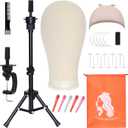 PWEOUKE Wig Stand with Head for Styling Wigs,23'' Canvas Wig Head with Foldable Mannequin Head Tripod for Wigs,Wig Head Stand Tripod with Canvas Block Head for Cosmetology (White)