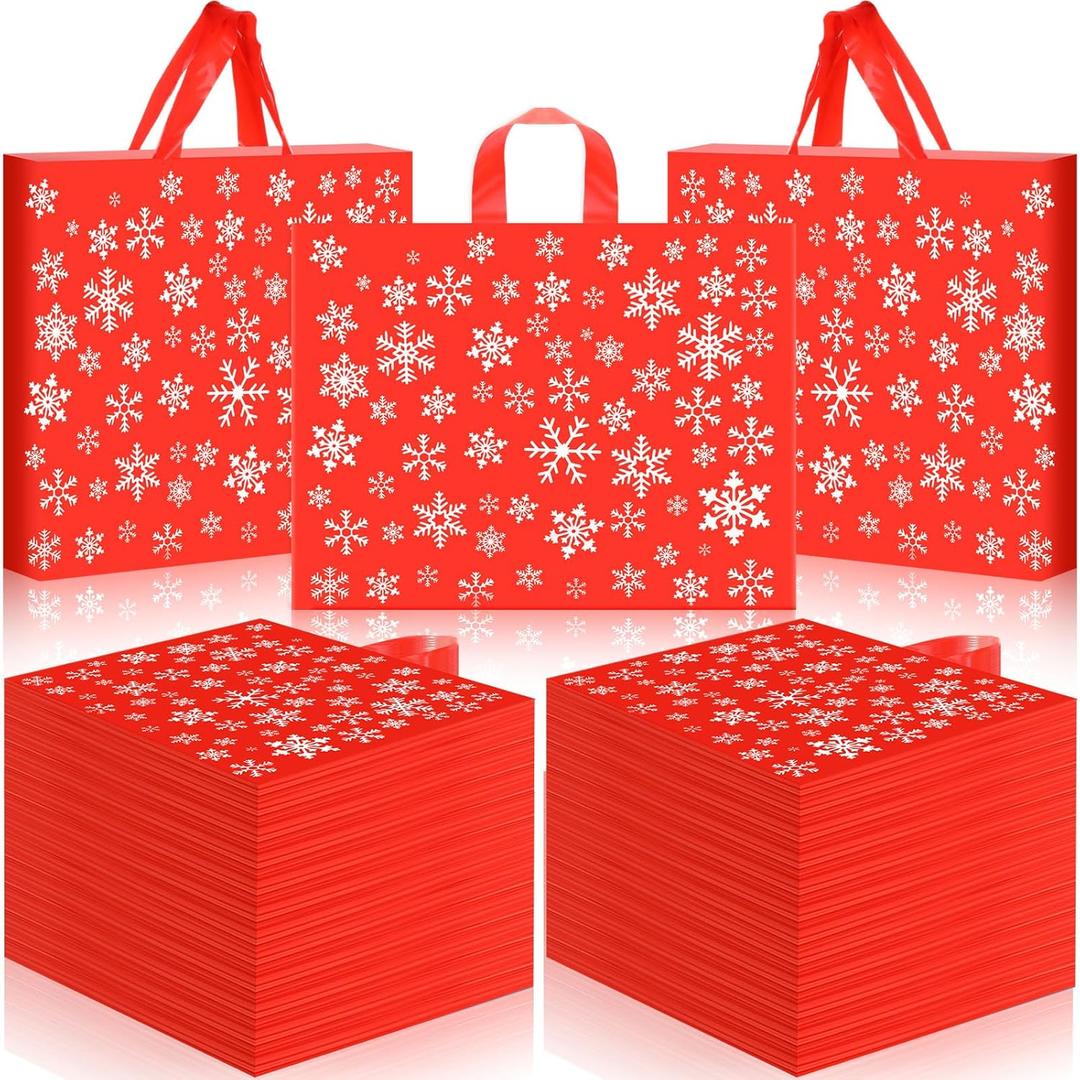Teling 100 Pieces Snowflakes Plastic Shopping Bags Bulk Christmas Plastic Gift Merchandise Bags with Handles for Xmas Gift Small Business Party Favors(Red,12"x15")