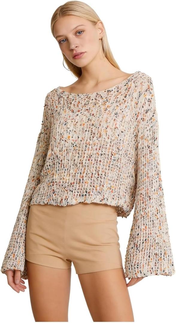 GORGLITTER Women's Plus Size Colorblock Crochet Sweater Cropped Hollow Out Long Sleeve Fall Trendy Fall Top