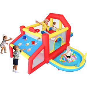 9 in 1 Inflatable Bounce House Kid Trampoline with Tall Slide, Ball Pit Pool, Skill Soccer, Throwing Sandbags Game, for Home Party or Outdoor Ages 3-10 with 520W Blower 190"x138"x76"