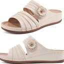 HARENCE Sandals for Women Wedge Slides: Comfortable Summer Beach Platform Shoes with Flowers Dressy Memory Foam Slip On Slide Sandals (7, Beige)