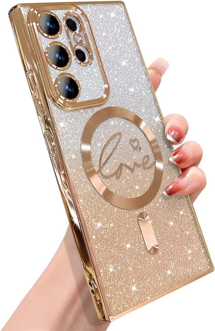 ZONRW for Samsung Galaxy S23 Ultra Case Magnetic,for Women Girl Soft Cute Luxury Love Heart Plating Bling Gradient Glitter Phone Case Compatible with MagSafe Clear Shockproof Back Cover 6.8-Gold