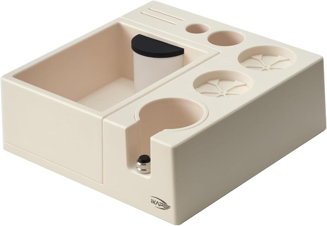 IKAPE Espresso Knock Box, Espresso Coffee Organizer Box Fit for Storage 51, 54, 58MM Espresso Tamper, Distributor, Portafilter & Puck Screen Accessories, Plastic Station Base(White) (23.7X23.7X8.6CM)