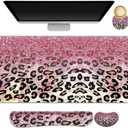 ARTSO Extended Gaming Mouse Pad Set, Keyboard Wrist Rest Support Pad + Wrist Cushion + XXL Large Mouse Pad + Coaster, Stitched Edge, Non-Slip, Memory Foam Desk Mat, Pink Leopard Print