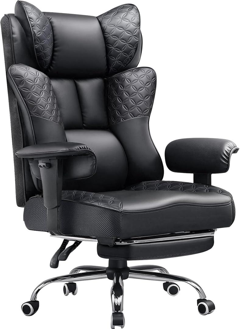 GTPLAYER Big and Tall Office Chair Wide Ergonomic Gaming Chair with Deluxe Embossing Designed Leather with Foot Rest,150Reclining Adjustable Soft Armrests Pocket Spring Back Support and Pillow, Oversized